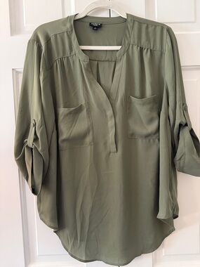 torrid Olive Split V-Neck Roll-Tab Pocket Blouse